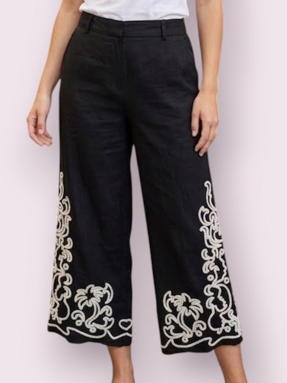 Joie Gadina Embroidered Wide Leg Linen Blend Pants Boho Black Lagenlook Medium